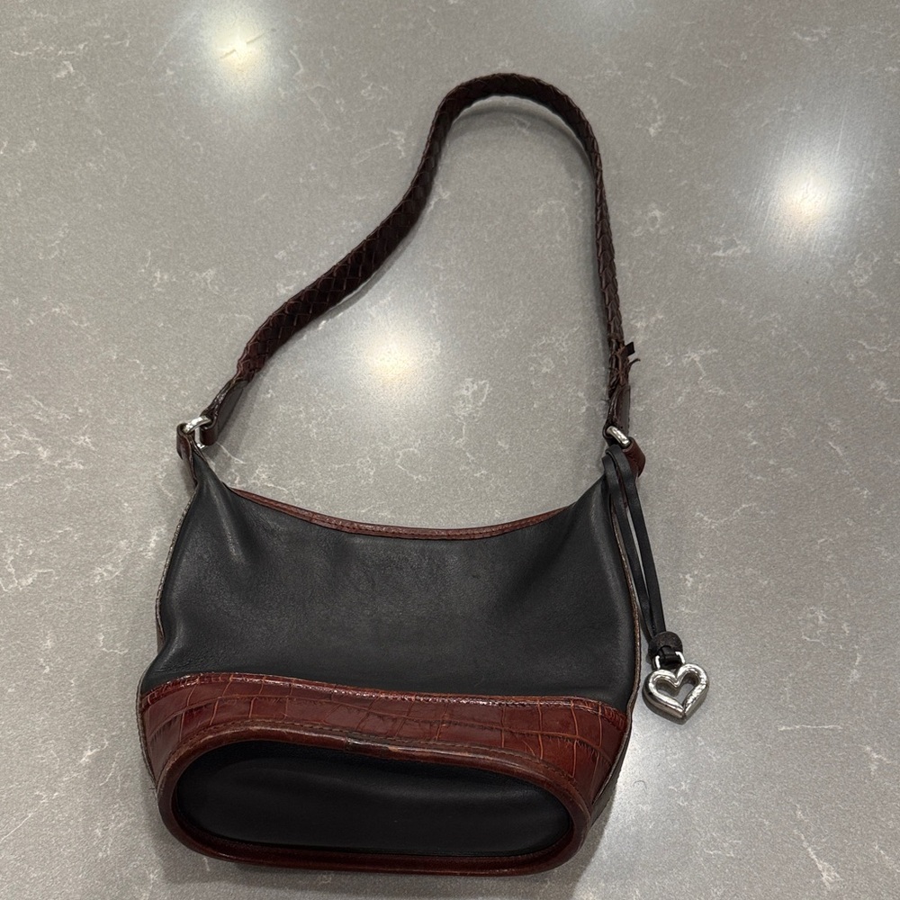 Brighton Black Leather Shoulder Bag with Brown Croc Trim and Heart Charm
